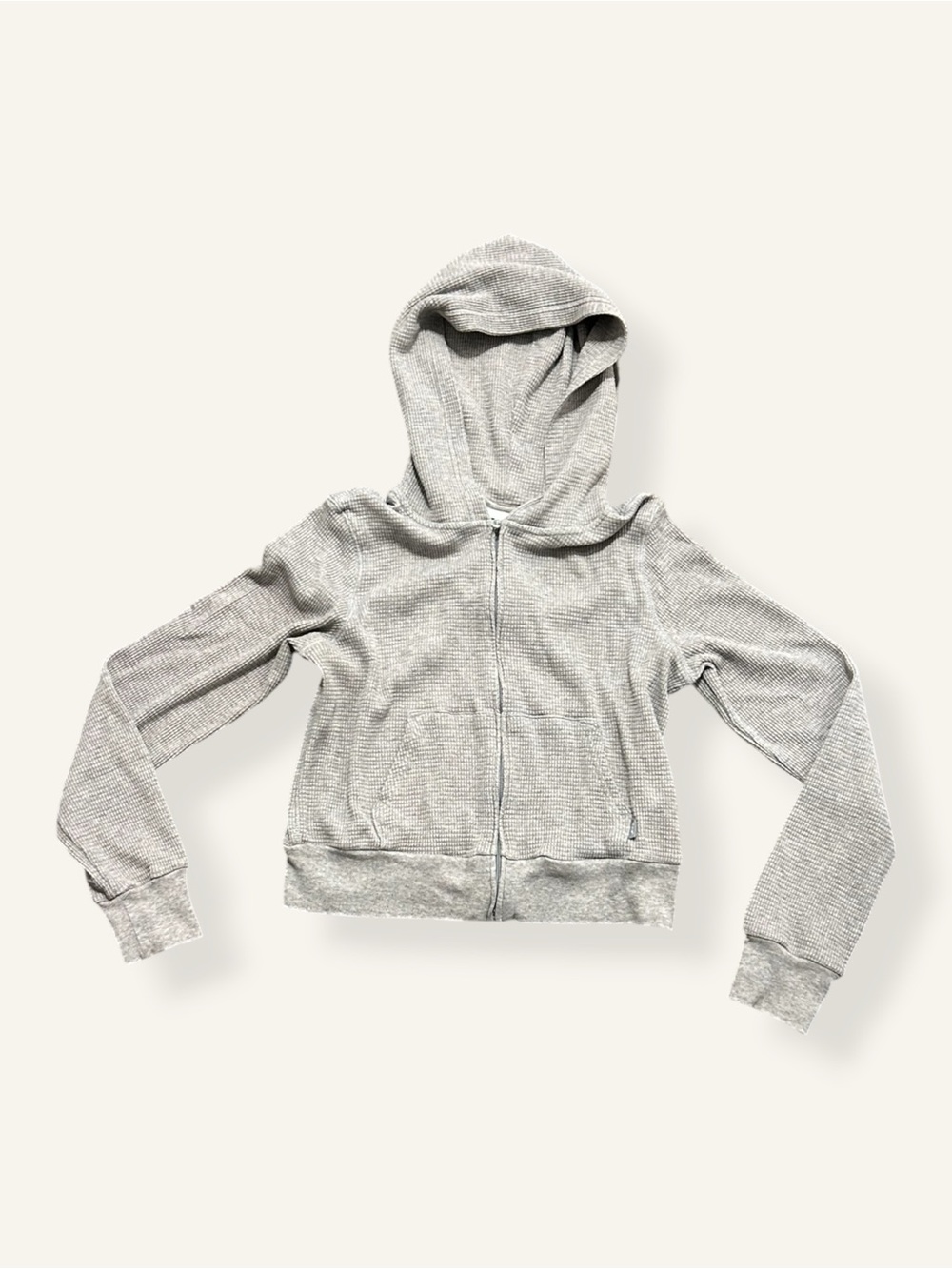 Aritzia TNA Waffle Knit Cropped Zip Up Hoodie Heather Gray Thermal